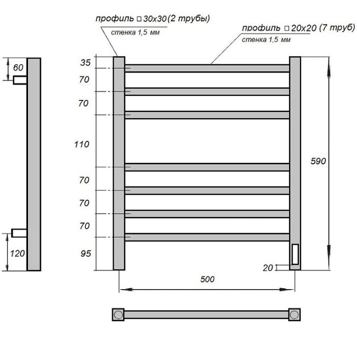 Электрический полотенцесушитель Point Вега PN71856 П7 500x600 диммер справа Хром