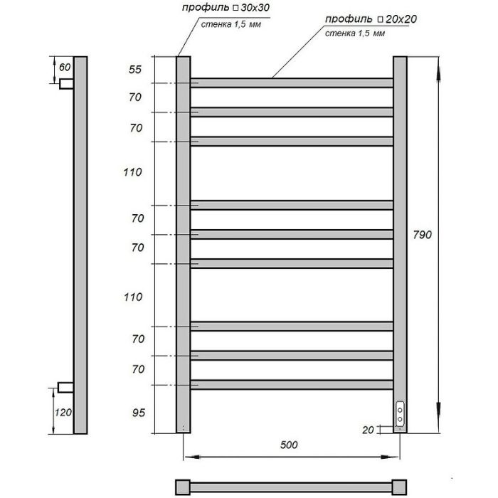 Электрический полотенцесушитель Point Вега PN71858 П9 500x800 диммер справа Хром