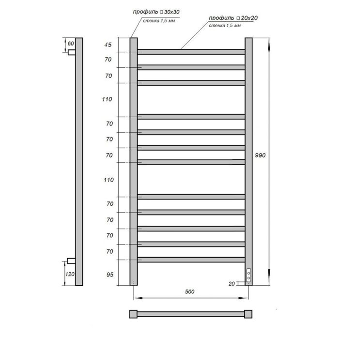 Электрический полотенцесушитель Point Вега PN71850W П12 500x1000 диммер справа Белый