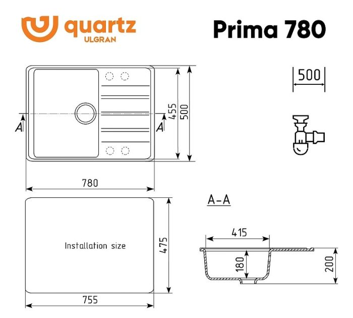 Кухонная мойка Ulgran Quartz Prima 780-07 Уголь