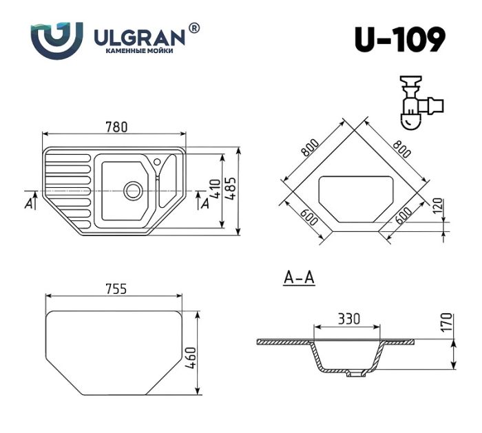 Кухонная мойка Ulgran U-109-342, графит (U-109-342)