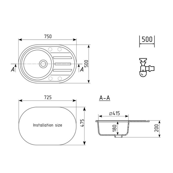 Мойка кухонная ULGRAN Quartz Nora 750-09, асфальт