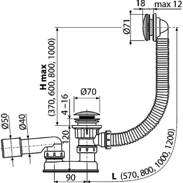 Сифон для ванны click/clack металл, арт.A504CKM-80