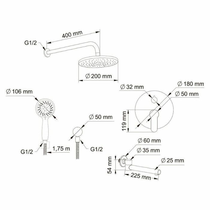 Душевая система без термостата Swedbe Platta sw_5544 180 мм x 500 мм, хром