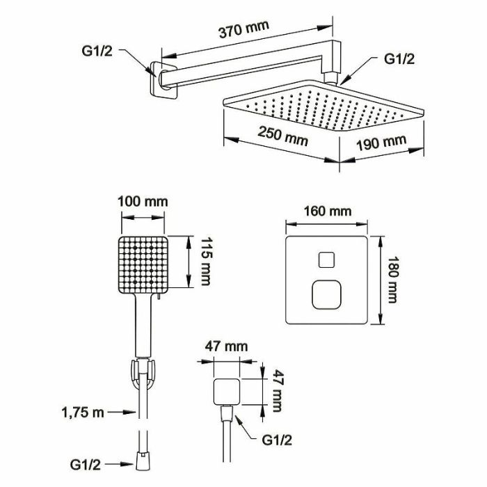 Душевая система с термостатом Swedbe Platta sw_5565B 180 мм x 465 мм, чёрная