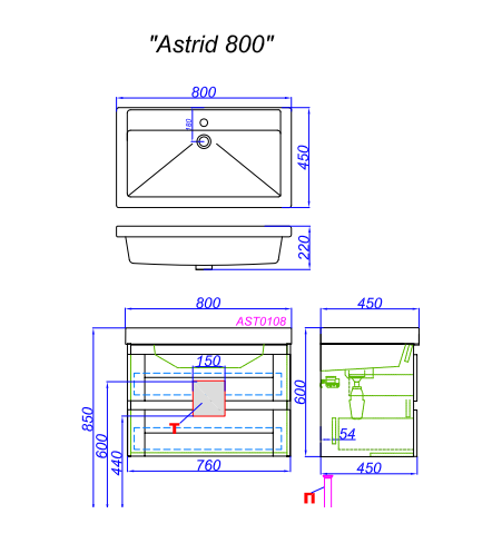 Подвесная тумба под умывальник AQWELLA Astrid , 76см  (AST0108DD)