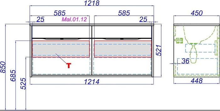 Подвесная тумба под умывальник AQWELLA Malaga , 121,5см  (Mal.01.12)