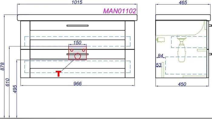 Подвесная тумба под умывальник AQWELLA Manchester , 97см  (MAN01102)