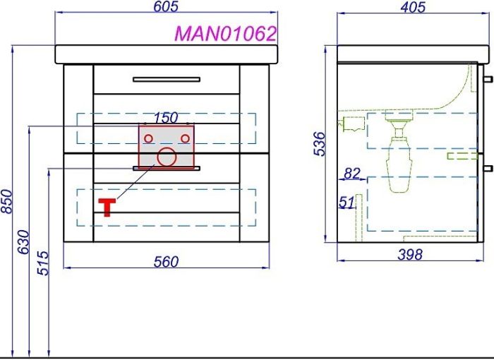 Подвесная тумба под умывальник AQWELLA Manchester , 56см  (MAN01062)