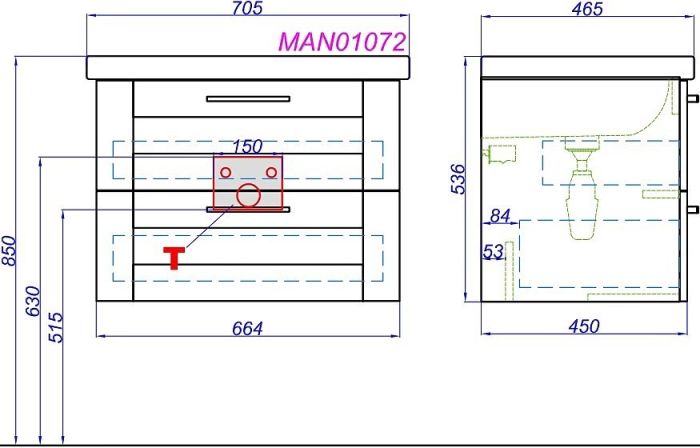 Подвесная тумба под умывальник AQWELLA Manchester , 67см  (MAN01072)