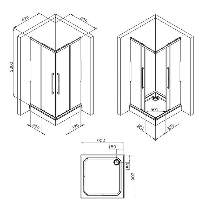 Душевой уголок AM.PM Func 90x90 W84G-403-9090-МТ профиль, Хром матовый стекло прозрачное