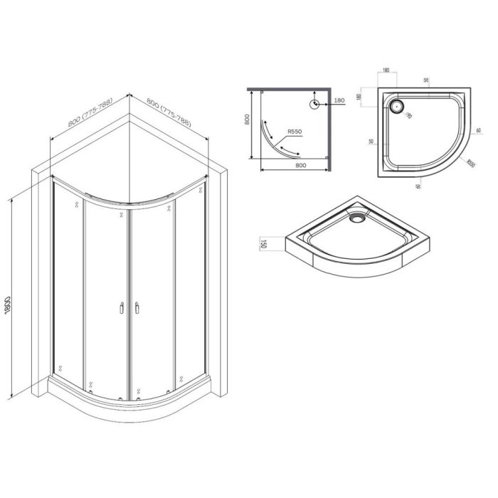 W88E-205-080BT64 X-Joy Twin Slide,  Душевое ограждение c поддоном, 80x80, профиль черный