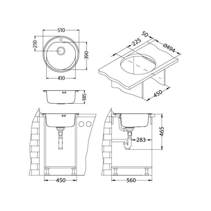 Мойка кухонная Alveus Form 30 LEI FI 510х510х185 нержавеющая сталь, с сифоном