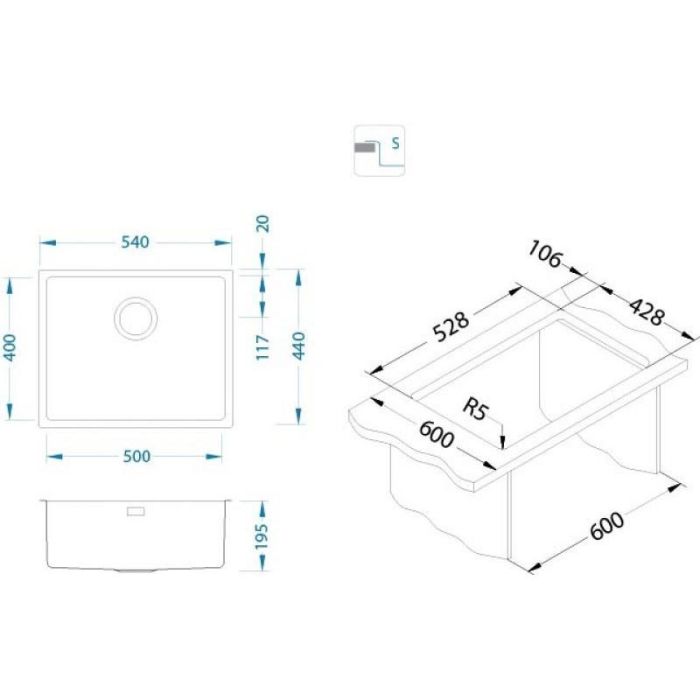 Мойка кухонная Alveus Kombino 50 KMB FI 542X442х195 F/S нержавеющая сталь, с сифоном