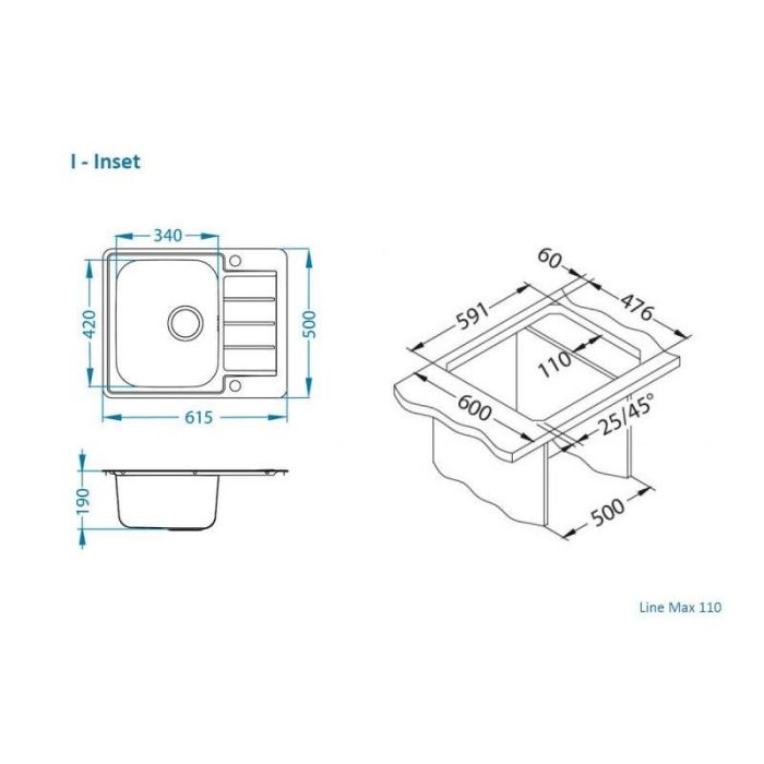 Мойка кухонная Alveus Line Max 110 SAT 610х500х190 нержавеющая сталь, с сифоном