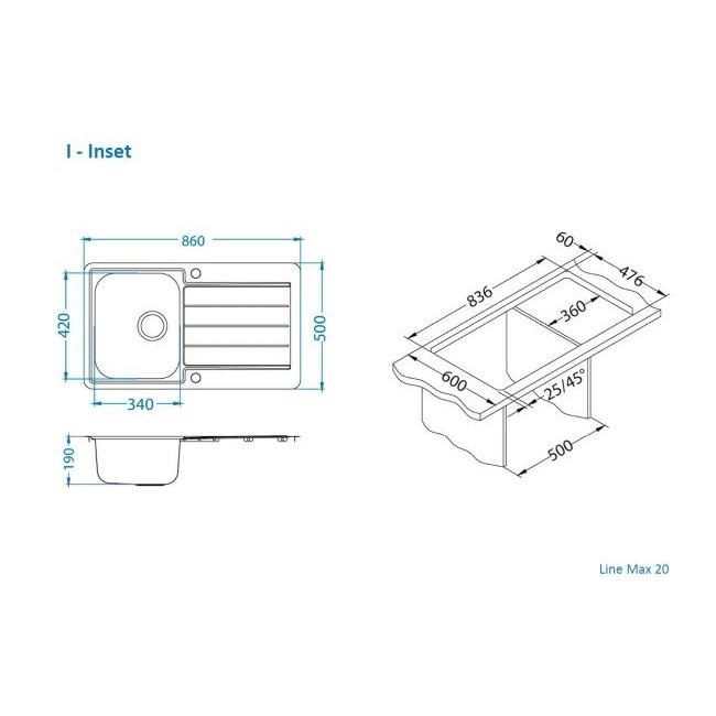 Мойка кухонная Alveus Line Max 20 SAT 860х500х190 нержавеющая сталь, с сифоном
