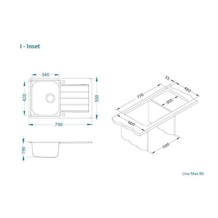 Мойка кухонная Alveus Line Max 80 SAT 790х500х190 нержавеющая сталь, с сифоном