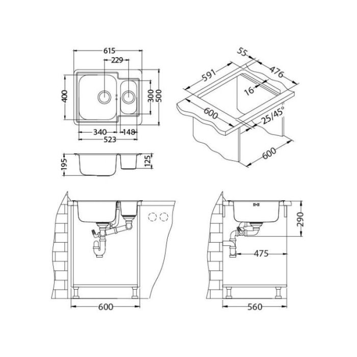 Мойка кухонная Alveus Line Maxim 50 SAT 610х500х190 нержавеющая сталь, с сифоном