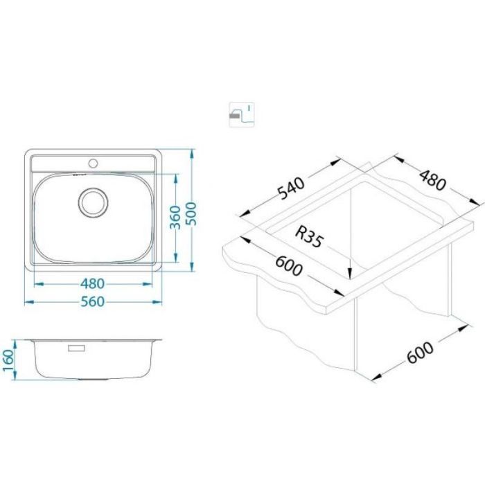 Мойка кухонная Alveus More 10 LEI 560х500х166 нержавеющая сталь, с сифоном