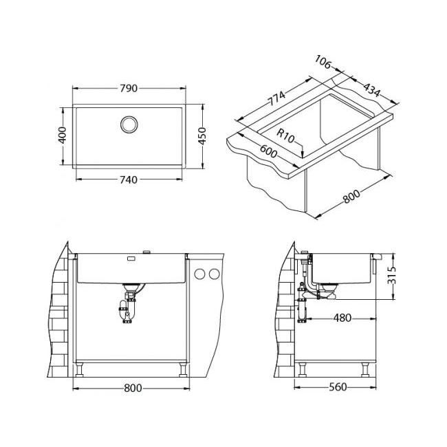 Мойка кухонная Alveus Quadrix 60 BRS 790х450х200 нержавеющая сталь, с сифоном