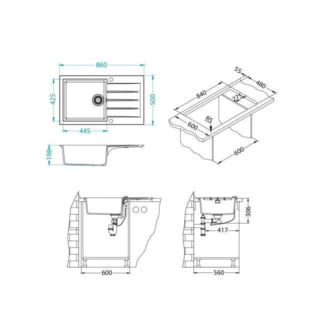 Мойка кухонная Alveus Granital Cadit 40 Concrete-G81 860х500х200 с сифоном, серая