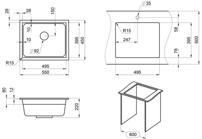 Кухонная мойка GRANULA Kitchen Space (5501U, ЧЁРНЫЙ)