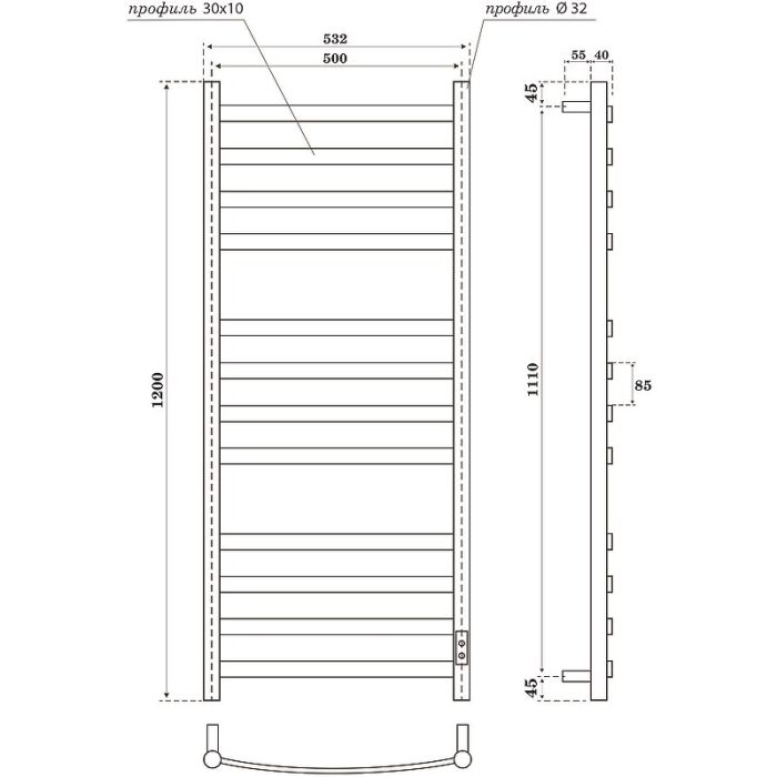 Электрический полотенцесушитель Point Антея PN17852W П12 500x1200 диммер справа Белый