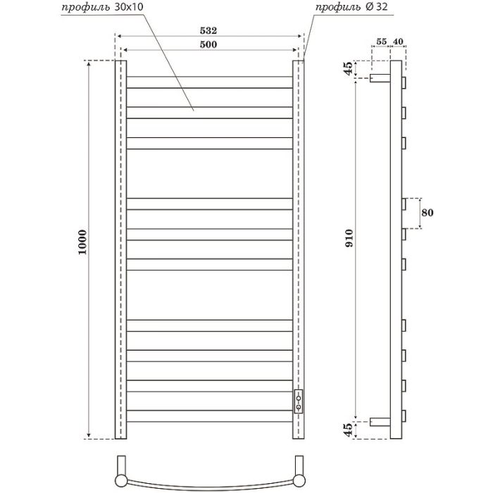 Электрический полотенцесушитель Point Антея PN17850W П10 500x1000 диммер справа Белый