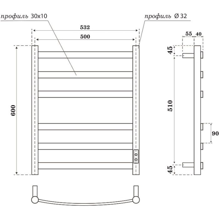 Электрический полотенцесушитель Point Антея PN17856W П6 500x600 диммер справа Белый