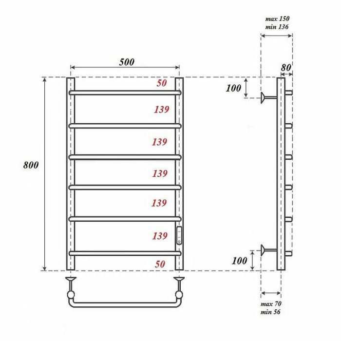 Электрический полотенцесушитель Point Ника PN08858 П6 500x800 диммер справа Хром