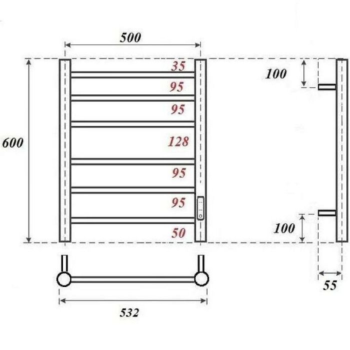 Электрический полотенцесушитель Point Аврора PN10856GR П6 500x600 диммер справа Графит премиум