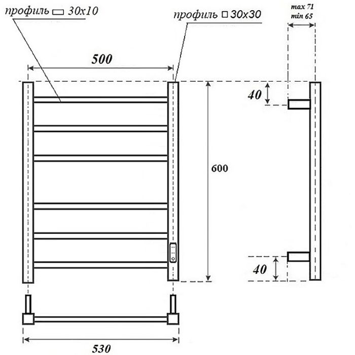 Электрический полотенцесушитель Point Меркурий PN83856 П6 500x600 диммер справа Хром