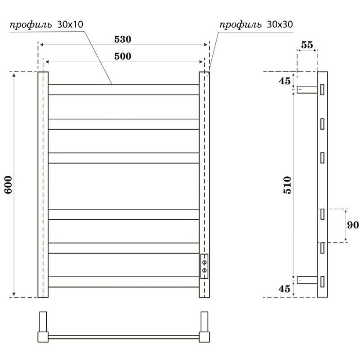 Электрический полотенцесушитель Point Меркурий PN83856GR П6 500x600 диммер справа Графит премиум