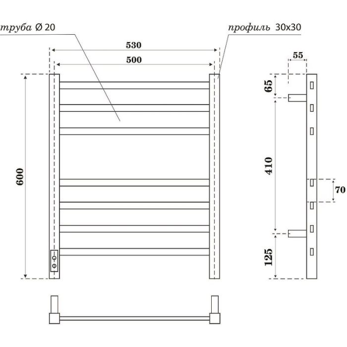 Электрический полотенцесушитель Point Веста PN70756GR П7 500x600 диммер слева Графит премиум