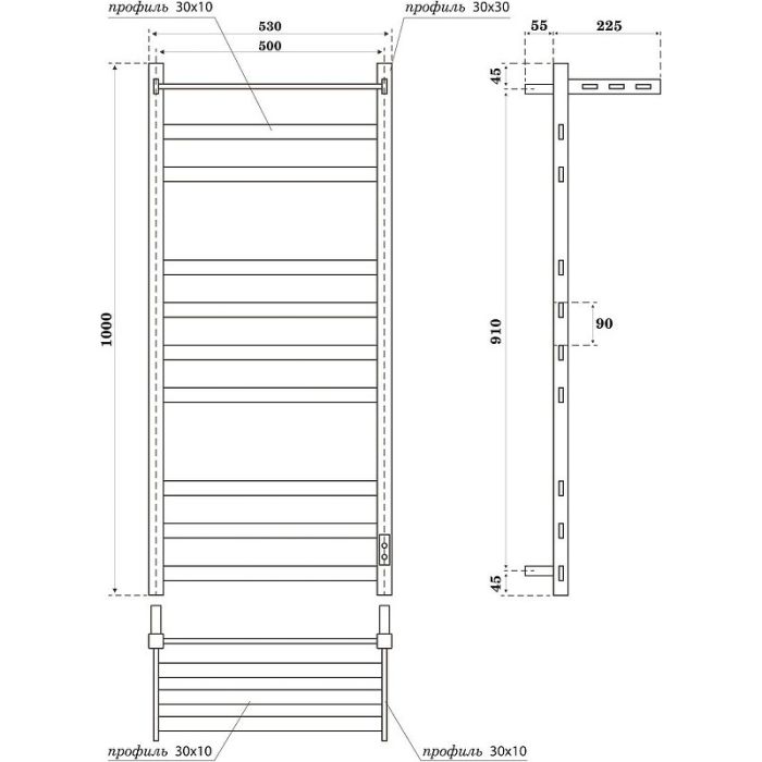 Электрический полотенцесушитель Point Меркурий PN83850PGR П9 500x1000 с полкой, диммер справа Графит премиум