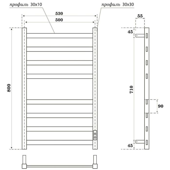 Электрический полотенцесушитель Point Меркурий PN83858GR П8 500x800 диммер справа Графит премиум