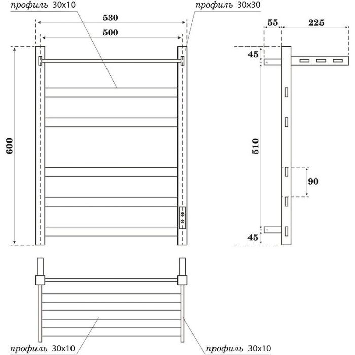 Электрический полотенцесушитель Point Меркурий PN83856PGR П5 500x600 с полкой, диммер справа Графит премиум