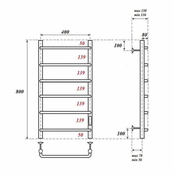 Электрический полотенцесушитель Point Ника PN08848 П6 400x800 диммер справа Хром