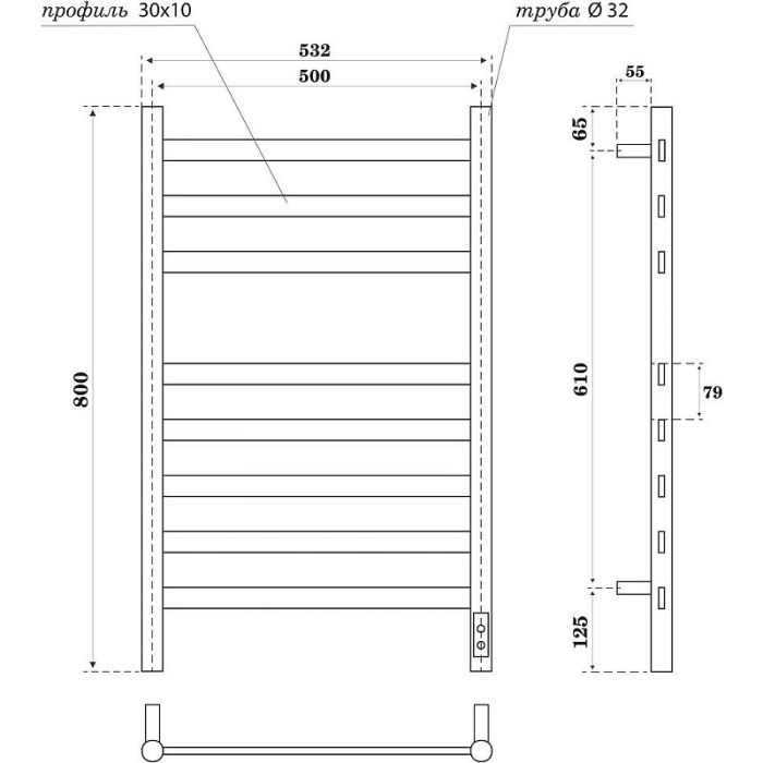 Электрический полотенцесушитель Point Селена PN16858B П8 500x800 диммер справа Черный