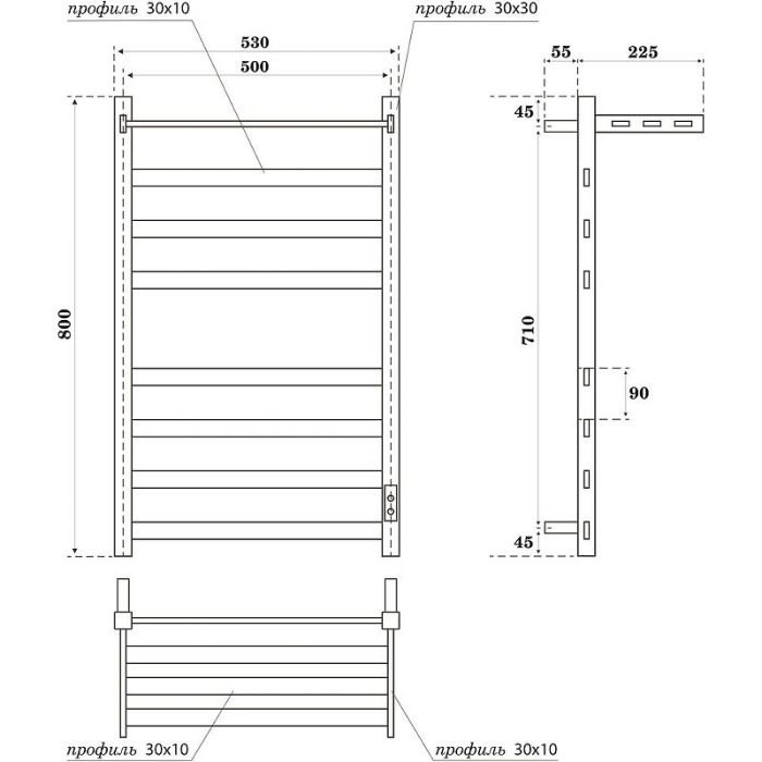 Электрический полотенцесушитель Point Меркурий PN83858PB П7 500x800 с полкой, диммер справа Черный