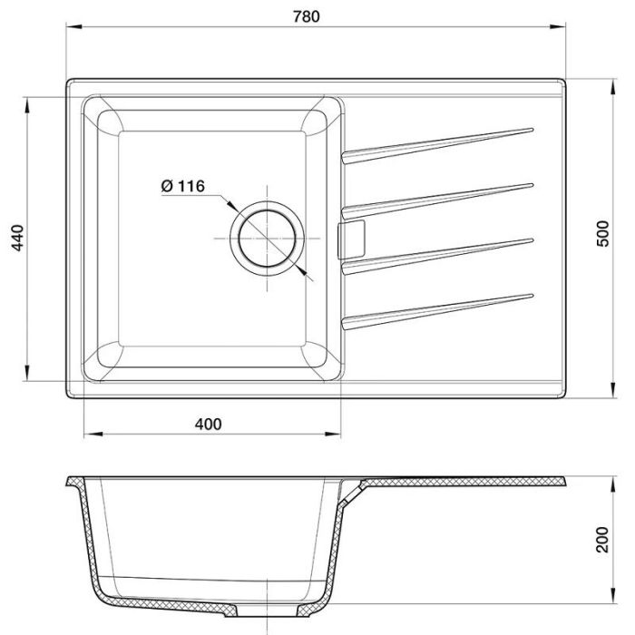 Кухонная мойка Rivelato Raum RM-78 antracite, 78 x 50 см, кварц, цвет антрацит