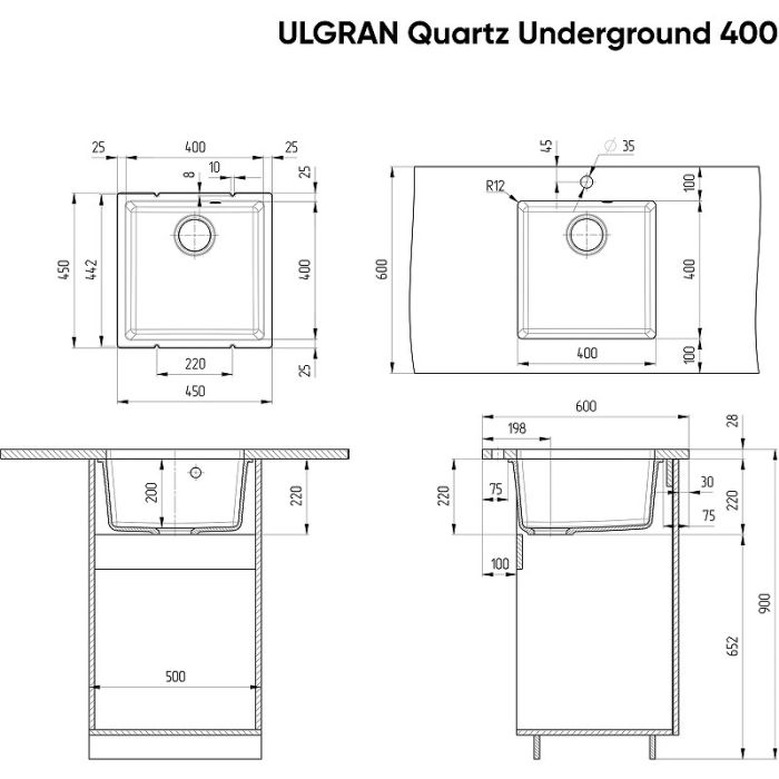 Кухонная мойка Ulgran Quartz Underground 400-07 Уголь