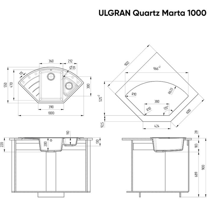 Кухонная мойка Ulgran Quartz Marta 1000-09 Асфальт