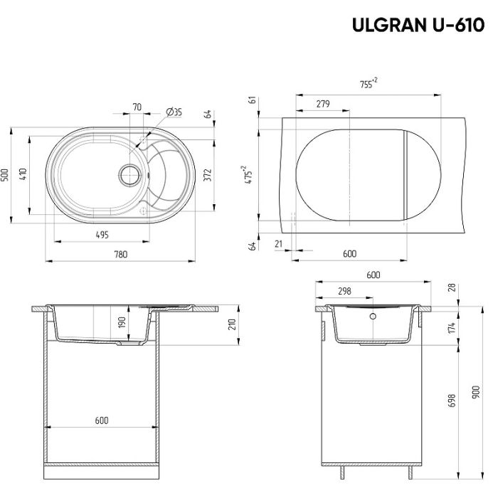 Кухонная мойка Ulgran Classic U-610-309 Темно-серая