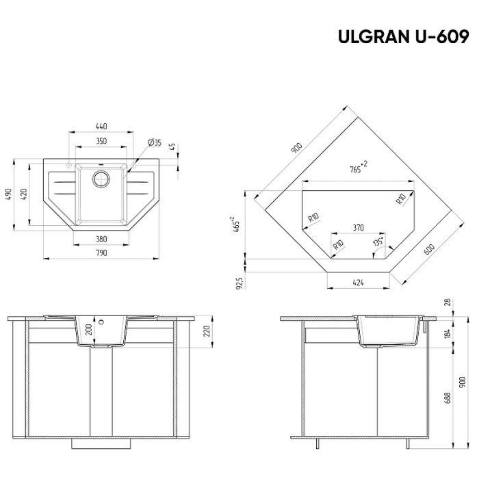 Кухонная мойка Ulgran Classic U-609-308 Черная