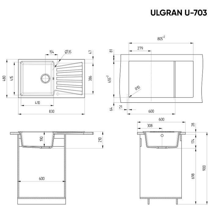 Кухонная мойка Ulgran Classic U-703-309 Темно-серая