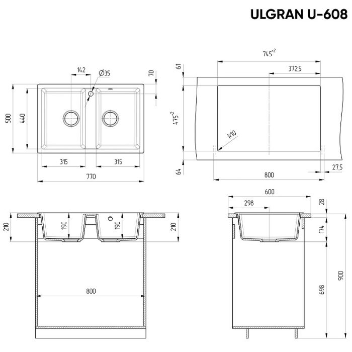 Кухонная мойка Ulgran Classic U-608-309 Темно-серая