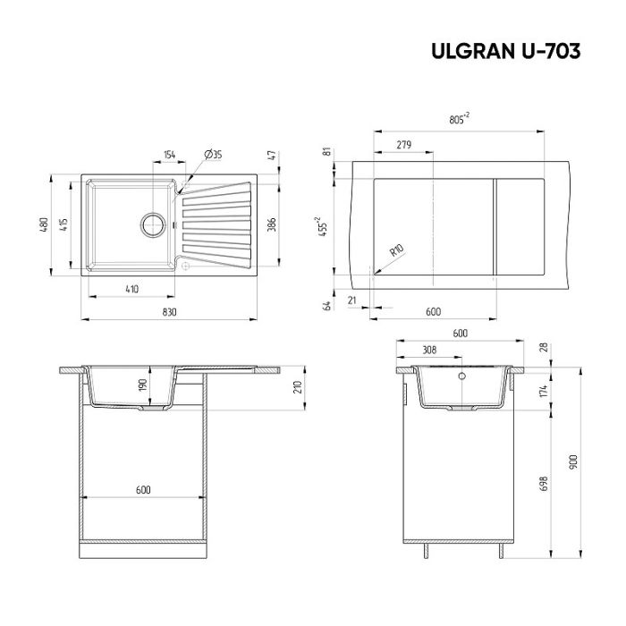 Кухонная мойка Ulgran Classic U-703-308 Черная