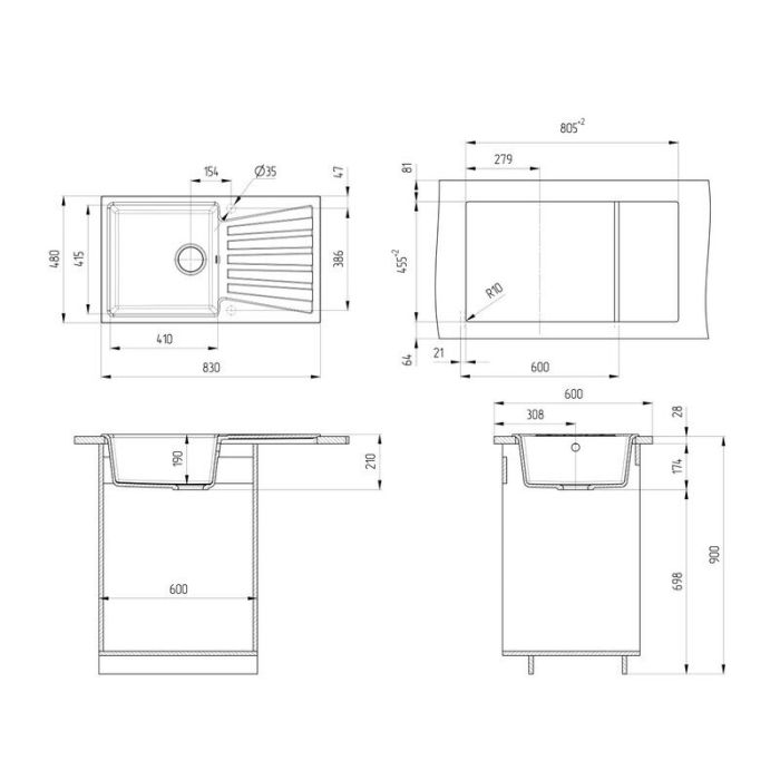 Мойка кухонная Ulgran U-703 U-703-310, 83 см, цвет серый