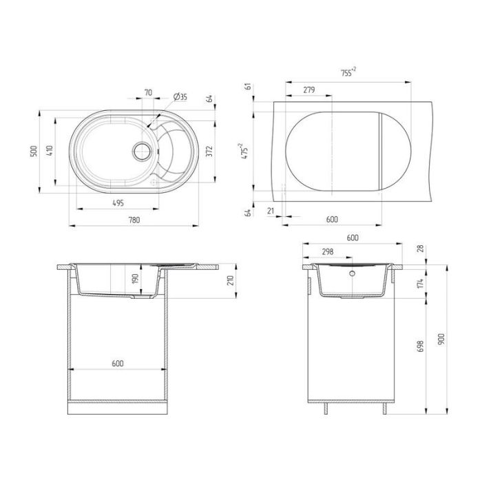 Мойка кухонная Ulgran U-610 U-610-342, 78 см, цвет графит